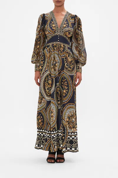 Camilla Shaped Waistband Dress With Gathered Sleeves Duomo Kaleido In Navy
