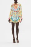 Camilla Sail Away With Me Crochet Collar Long Sleeve Silk Shirtdress In Blue