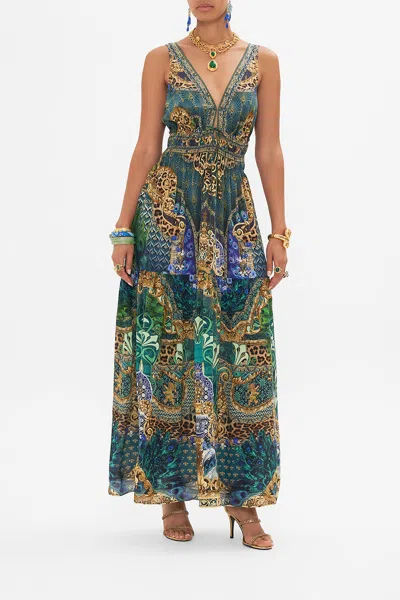 Camilla Shirred Waist Detail Long Dress Fan Dance In Green