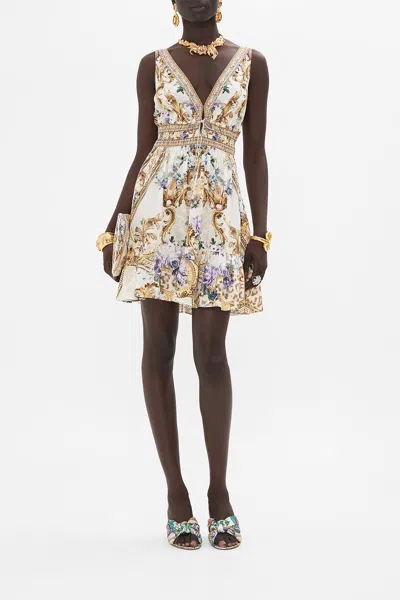 Camilla Shirred Waist Detail Mini Dress Palazzo Play Date In Brown/gold/grey