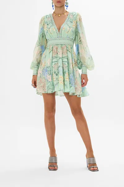 Camilla Short Dress With Blouson Sleeve Dreaming In Dutch In Green