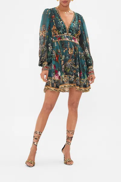 Camilla Short Dress With Blouson Sleeve Verdis World In Green/grey