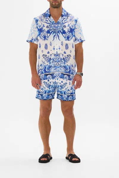 Camilla Short Sleeve Camp Collared Shirt Immortal Ink In Blue/white