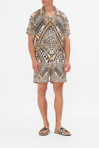 Camilla Short Sleeve Camp Collared Shirt Mosaic Muse In Brown/grey