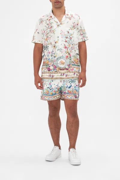Camilla Short Sleeve Camp Collared Shirt Plumes And Parterres In White