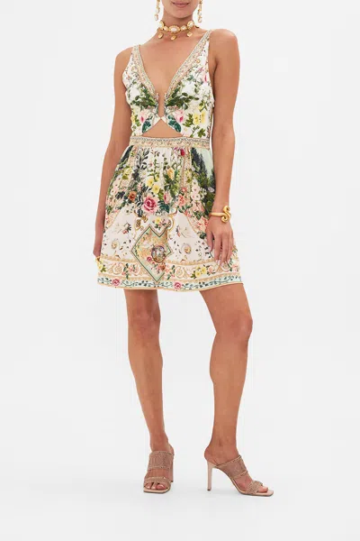 Camilla Short V Neck Cutout Dress Renaissance Romance In Beige/green