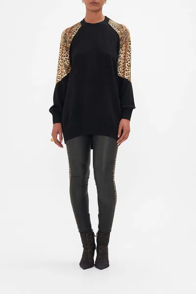 Camilla Silk Spliced Shoulder Jumper Standing Ovation In Black/brown