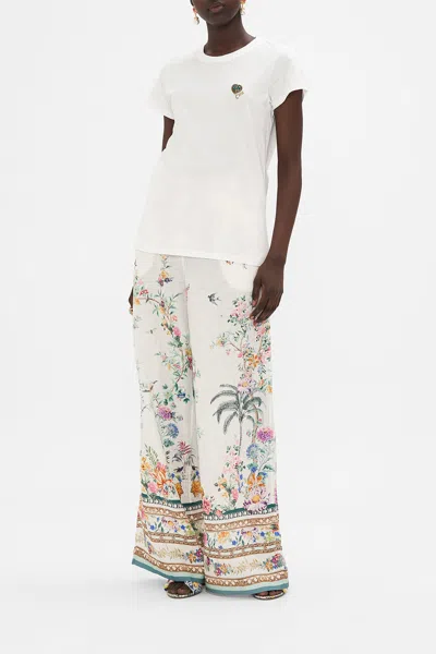 Camilla Slim Fit Round Neck T-shirt - Embroidered Plumes And Parterres In White