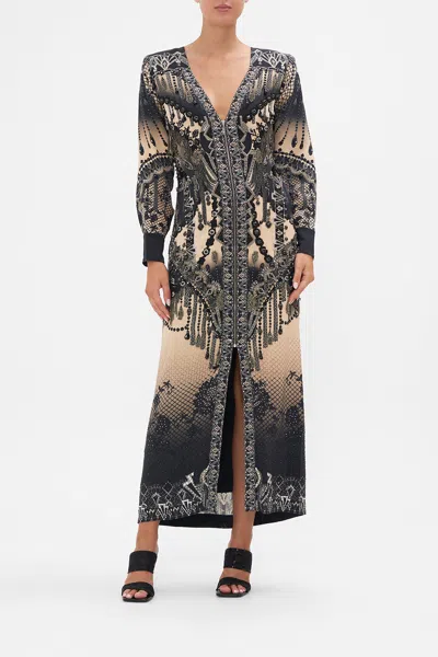 Camilla Split Front Full Length Dress Curtain Call Chaos In Black/brown