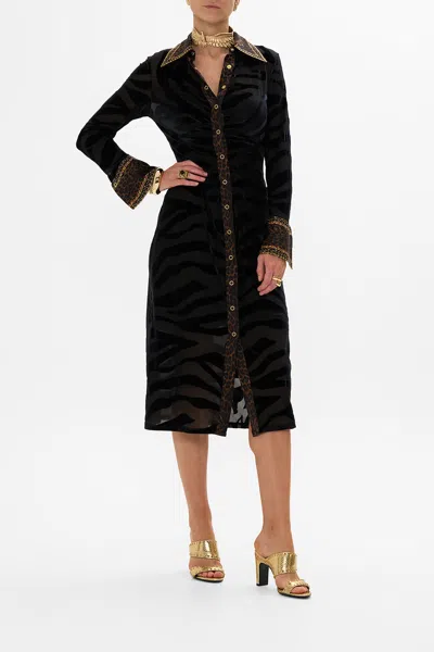 Camilla Stretch Velvet Animal Shirt Dress Amsterglam In Black/brown