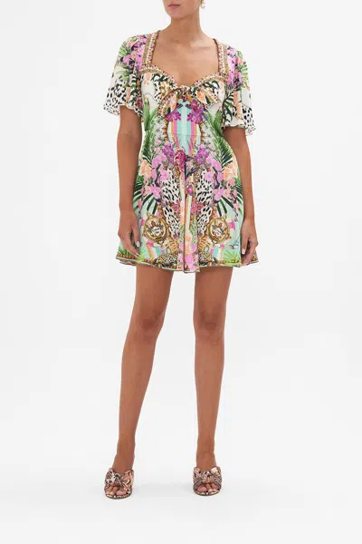 Camilla Tie Front Mini With Flutter Sleeves Dear Amore Mio In Green/grey//white