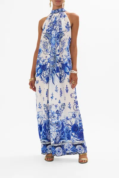 Camilla Tie Neck Long Dress Immortal Ink In Blue