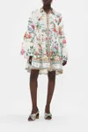 Camilla Floral Long Sleeve Linen Shift Dress In Grey/white