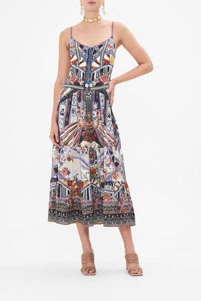 Camilla Tiered Lace Up Midi Dress My Folk Art Heart In Blue/white