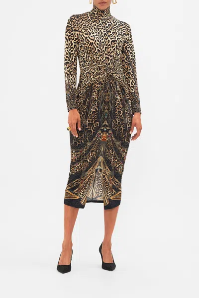 Camilla Turtle Neck Midi Gathered Jersey Dress Amsterglam In Black/brown