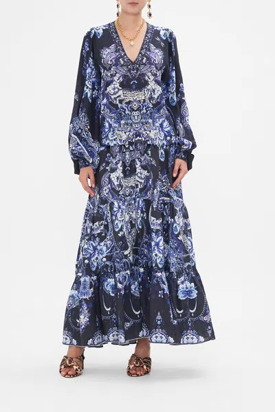 Camilla V-neck Blouson Sleeve Blouse Delft Dynasty In Navy