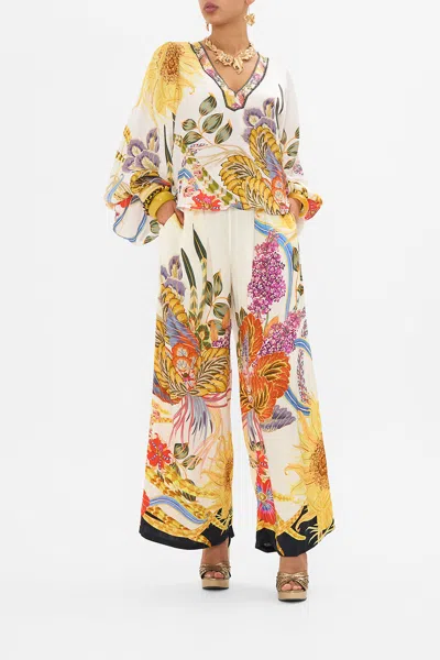 Camilla V-neck Blouson Sleeve Blouse Sunflowers On My Mind In White