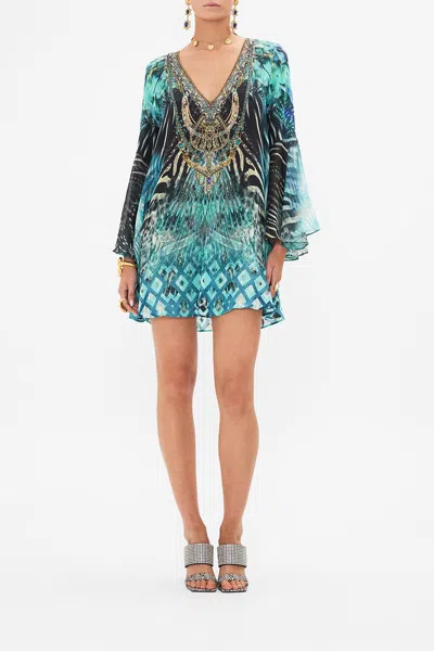 Camilla V-neck Flared Sleeve Mini Dress Azure Allure In Blue