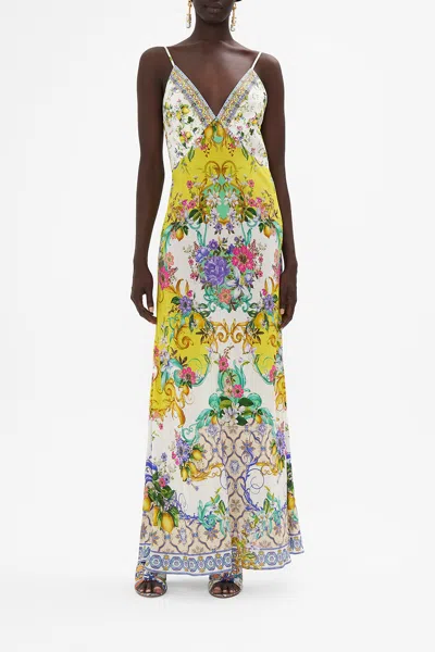 Camilla V Neck Full Length Bias Slip Dress Caterina Spritz In White/