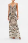 Camilla V Neck Full Length Bias Slip Dress Mosaic Muse In Beige/brown/grey