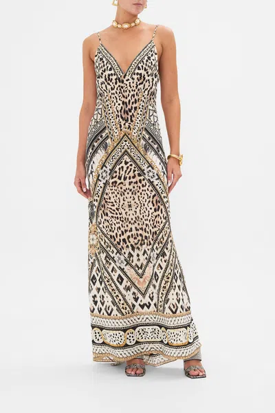 Camilla V Neck Full Length Bias Slip Dress Mosaic Muse In Beige/brown/grey