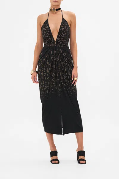 Camilla V Neck Gathered Jersey Dress Mosaic Muse In Black/brown/grey