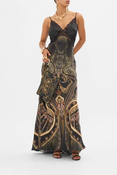Camilla V Neck Long Bias Slip Dress With Train Nouveau Noir In Black