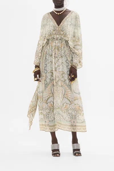 Camilla V Neck Long Dress With Shirring Ivory Tower Tales In Beige/green/white