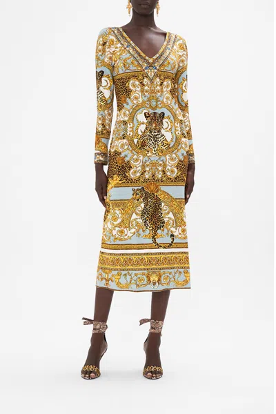 Camilla V Neck Midi Jersey Dress Palazzo Pride In Blue/brown//white/