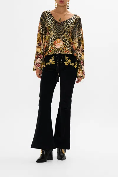 Camilla V Neck Printed Dolman Sleeve Knit Born In Bruges In Brown
