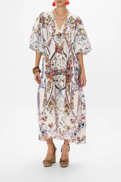 Camilla V Neck Puff Sleeve Dress My Folk Art Heart In Blue/white