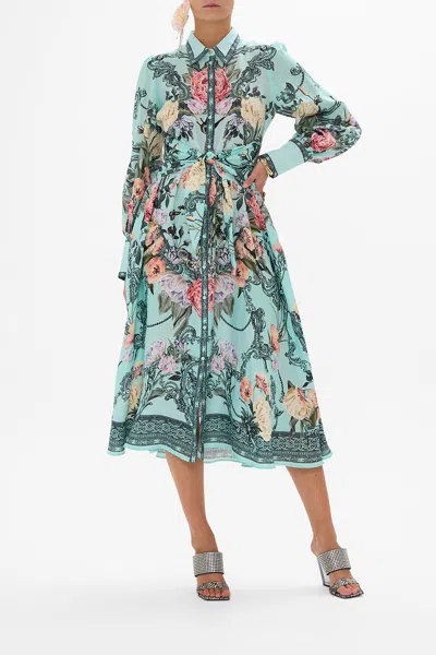 Camilla Waist Tie Shirt Dress Petal Promise Land In Blue/green
