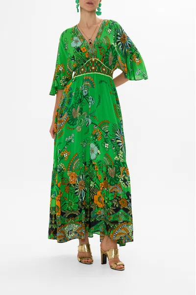 Camilla Waisted Dress With Hem Ruffle Good Vibes Generation In Green