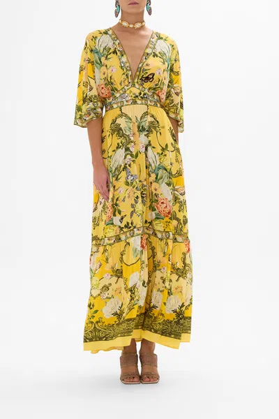 Camilla Waisted Dress With Hem Ruffle Paths Of Gold In Green