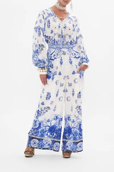 Camilla Wide Leg Trouser With Front Pockets Immortal Ink In Blue/white