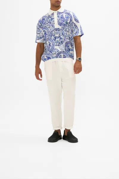 Camilla Woven Short Sleeve Polo Shirt Glaze And Graze In Blue