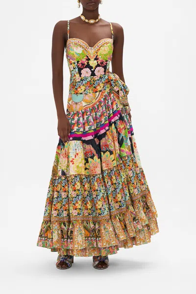 Camilla Wrap Skirt With Gathered Panels Sundowners In Sicily In Black/green/orange