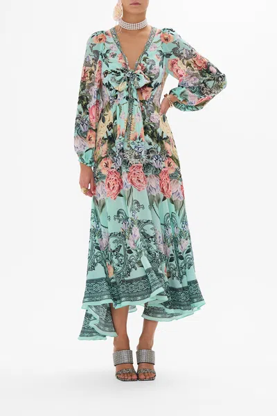 Camilla Wrap Tie Dress With Blouson Sleeve Petal Promise Land In Blue/green