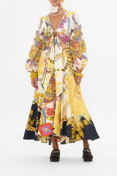 Camilla Wrap Tie Dress With Blouson Sleeve Sunflowers On My Mind In Yellow