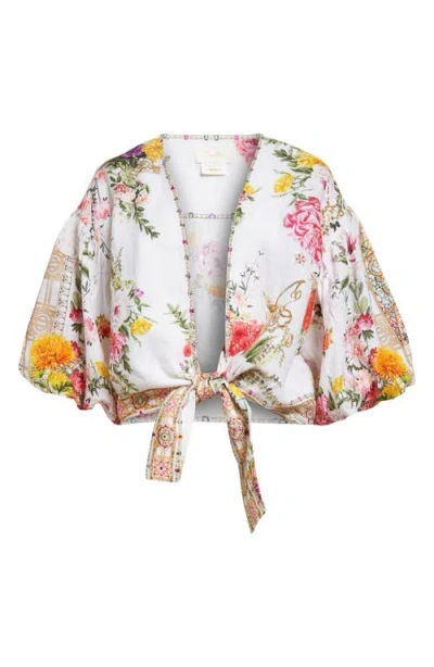 Camilla Egyptian Rose Print Puff Sleeve Linen Wrap Top
