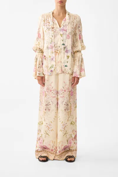 Camilla Elastic Sleeve Tie Front Blouse Adorned In Aranjuez In Multi