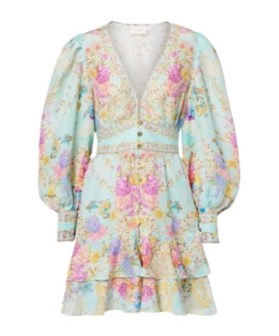 Camilla Multicolor Dress With All-over Print And Puffed Long Sleeves In Linen Blend Woman In Blue
