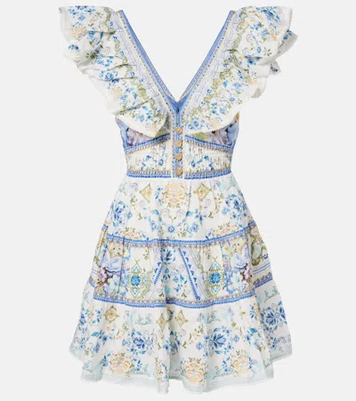 CAMILLA EMBELLISHED FLORAL LINEN MINIDRESS