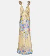 Camilla Embellished Floral Ruffled Silk Satin Maxi Dress In Yellow