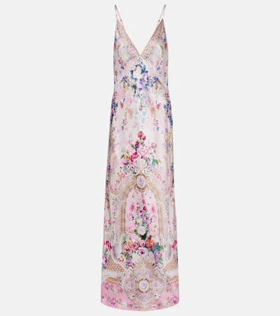 Camilla Embellished Floral Silk Satin Maxi Dress In Pink
