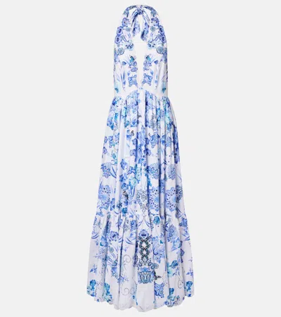 Camilla Embellished Halterneck Cotton Poplin Maxi Dress In Blue