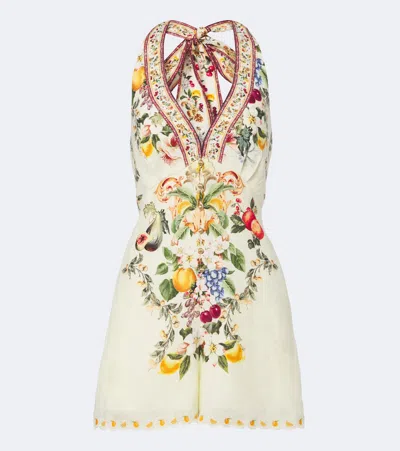 Camilla Embellished Halterneck Linen Romper In Multicoloured