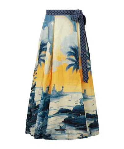 Camilla Embellished Printed Linen And Silk-blend Maxi Wrap Skirt In Blue