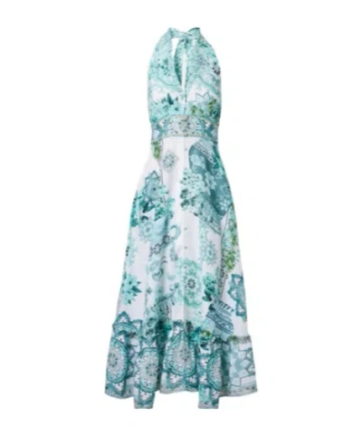Camilla Embellished Ruffled Halterneck Linen Midi Dress In Blue