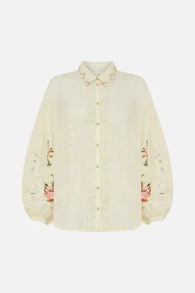 Camilla Embroidered Balloon Sleeve Shirt Blouse In Honour Of Heirlooms In White